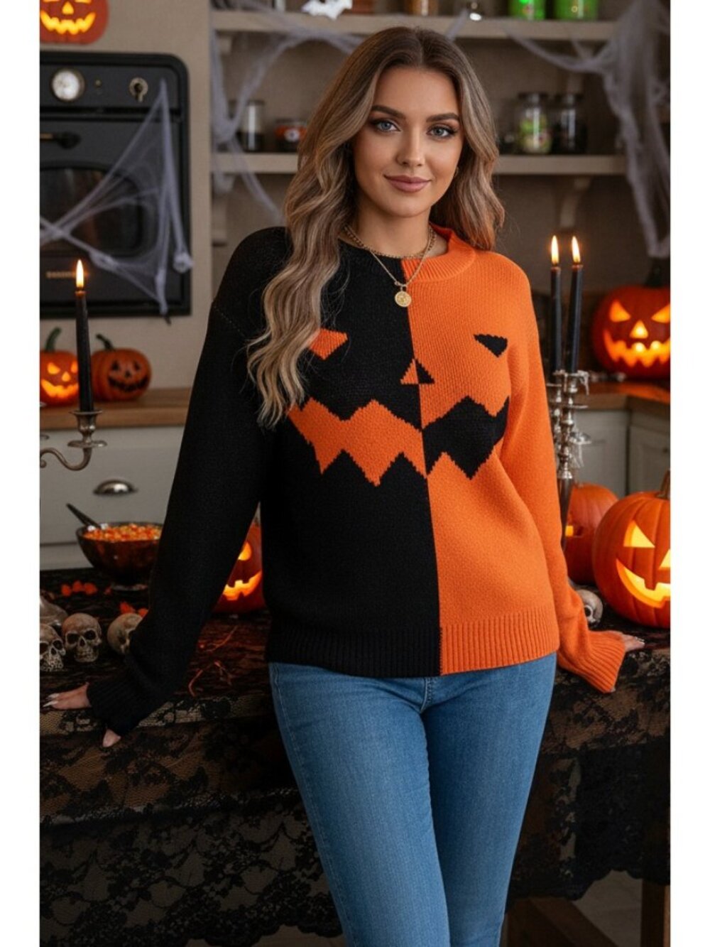 Halloween Knit Jack O’ Lantern Colorblock Relaxed Crew Neck Pullover Sweater